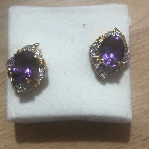 Cubic Zirconia w/Amethyst Stone Teardrop Earrings - Picture 2 of 2